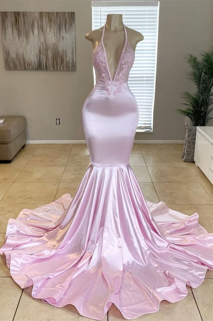 Blushing Pink Halter Sleeveless Mermaid Prom Dress V-Neck With Appliques