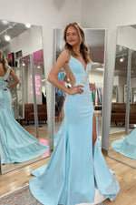 Cute Mermaid V Neck Light Blue Prom Dress with Beading