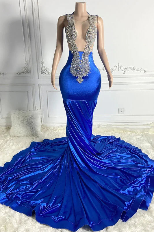 Royal Blue Sleeveless Mermaid Prom Dress Beadings With Zipper Back