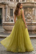 A-Line Olive Sweetheart Tulle Long Prom Dresses with Lace Appliques