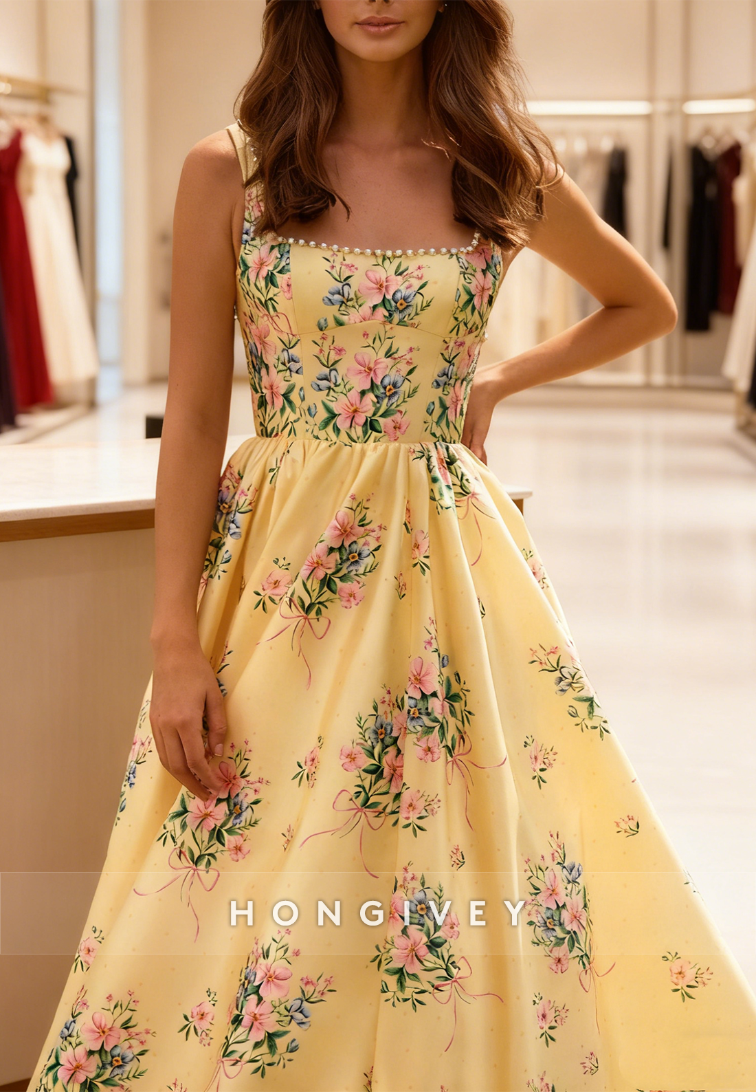 Yellow Floral Print Square A-Line Prom Dress