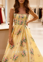 Yellow Floral Print Square A-Line Prom Dress