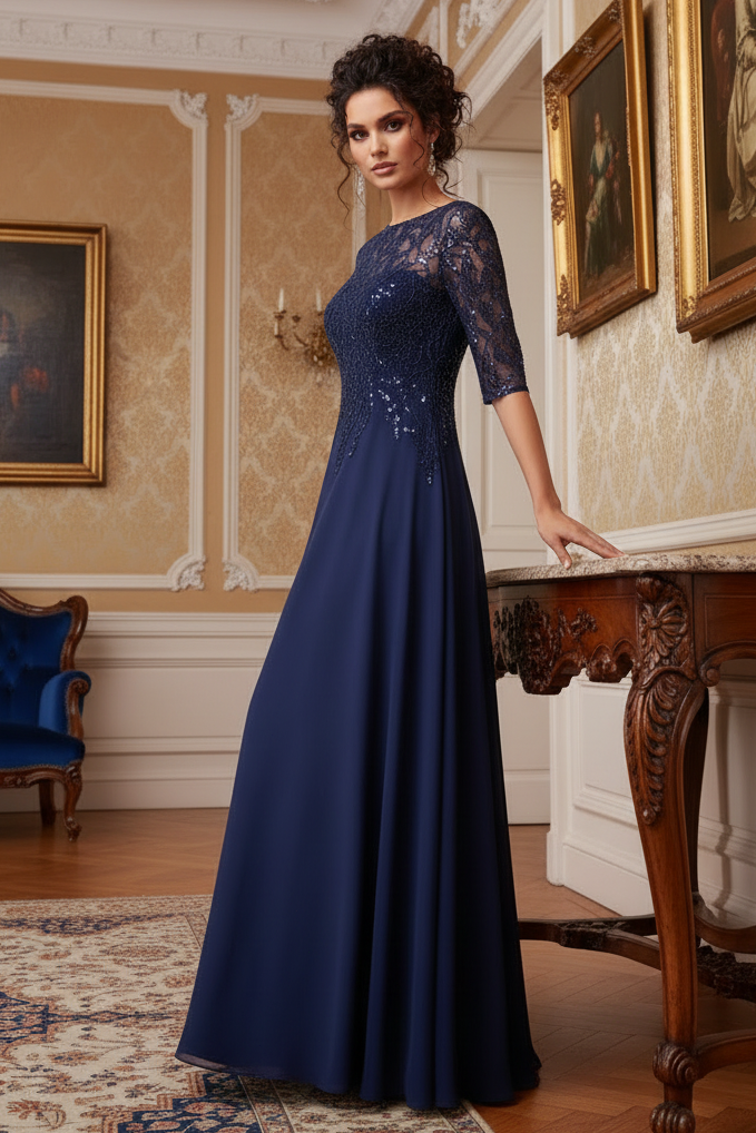 Transparent Collar Half Sleeve Long with Beads and sequins Mother of the bride dress