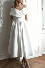 Minimalistic Ruched Off-The-Shoulder White Wedding Dress With Pockets