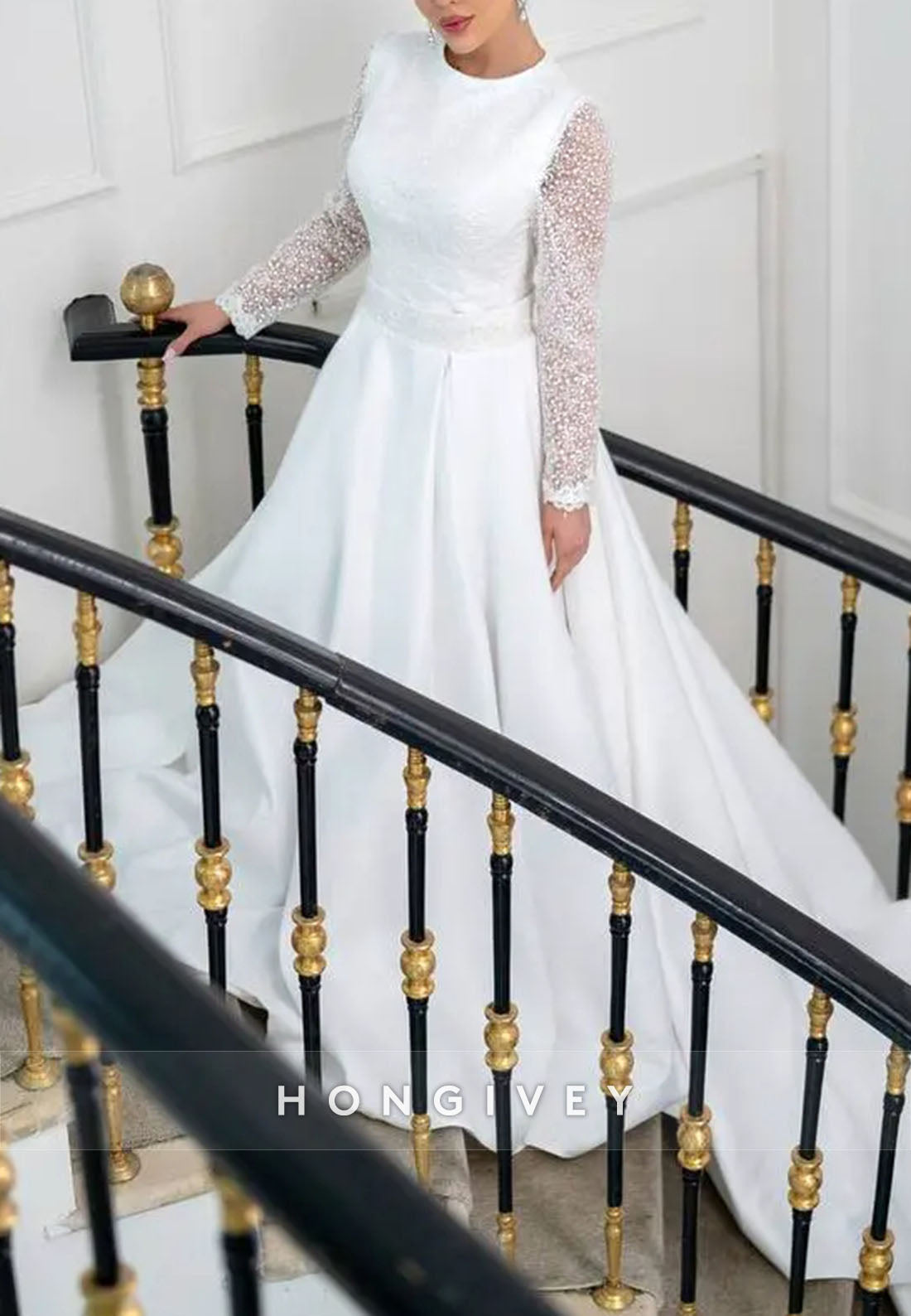 Long Sleeves Scoop A-Line Court Train Satin Wedding Dresses with Beading