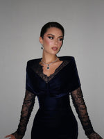 Elegant V-Neck Lace Long Sleeve A-Line Evening Dress Ankle-Lenght