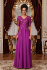 V-neck half sleeved shiny long style official mother of the bride dress