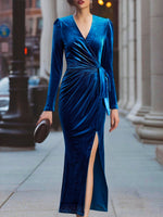 Elegant Midnight Blue Velvet Wrap Midi Dress