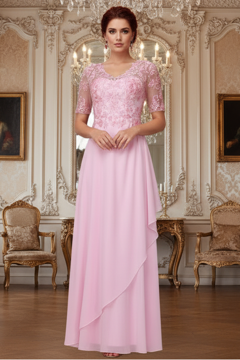 A-line/Princess V-neck short sleeved long formal mother of the bride dress