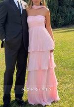 Chic Sweetheart A Line Pink Floor-Length Empire Prom Dress with Ruffles