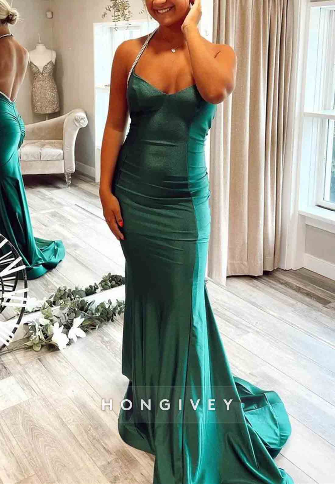 Sexy Backless Royal Blue Halter Neck Mermaid Long Satin Prom Dress