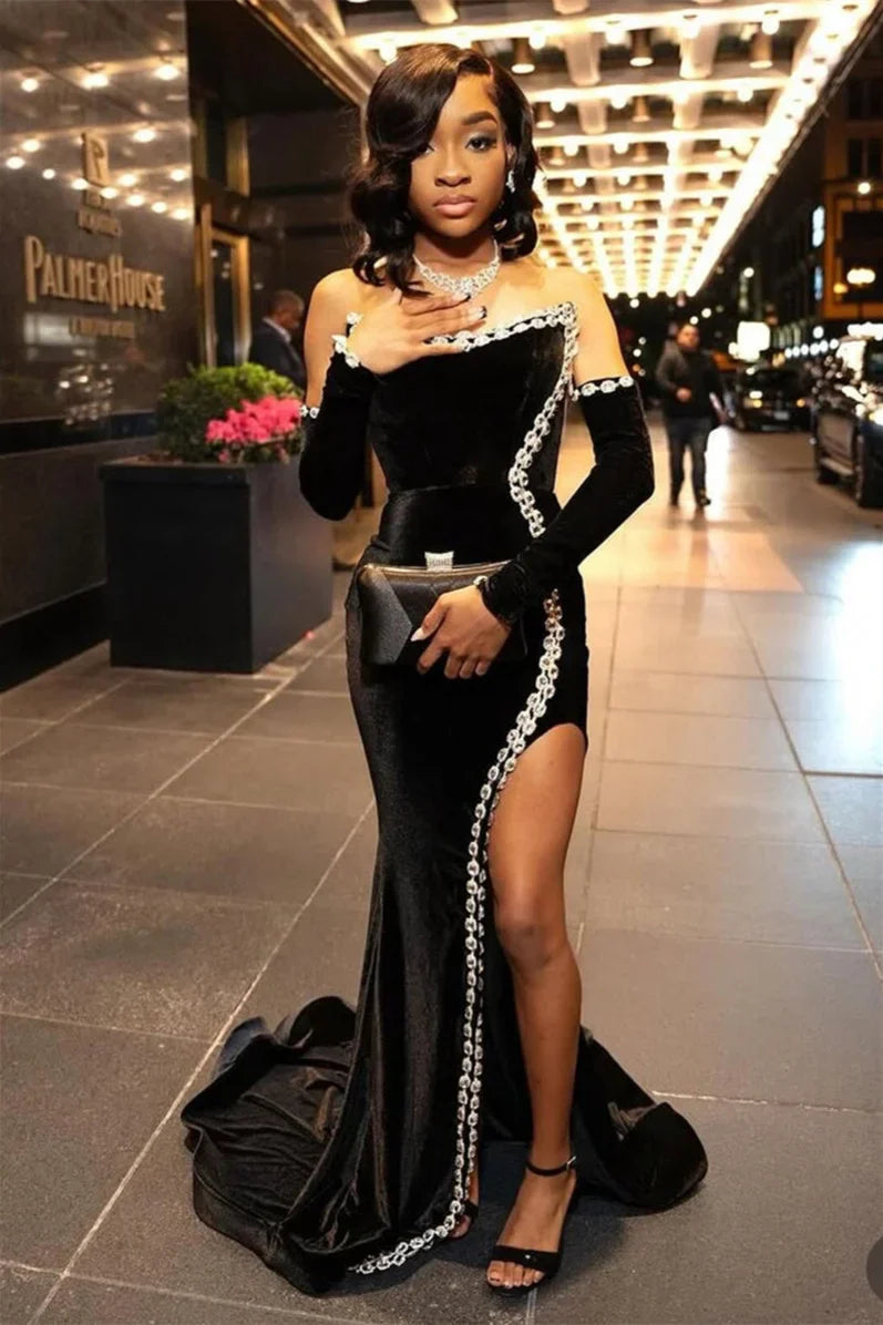 Black Velvet Mermaid Prom Dress High Slit Long With Crystal Strapless