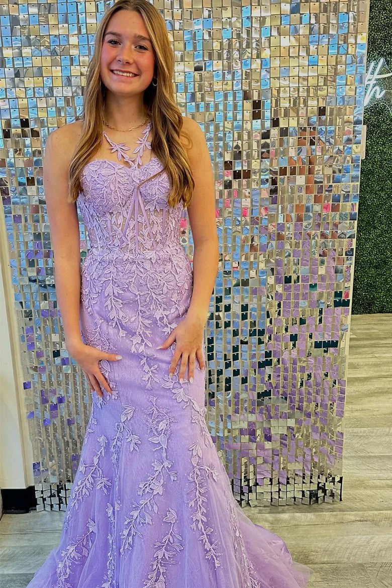 Red Halter Mermaid Prom Dress with Floral Appliqué Straps