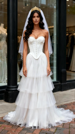 Sweetheart Corset Satin A Line Tulle Layers Wedding Dress