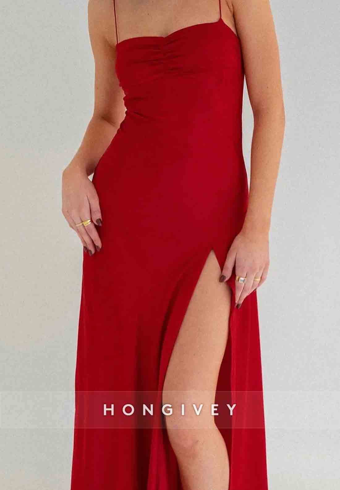 Spaghetti Straps Simple Sheath Pink Long Party Dress with High Slit