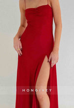 Spaghetti Straps Simple Sheath Pink Long Party Dress with High Slit