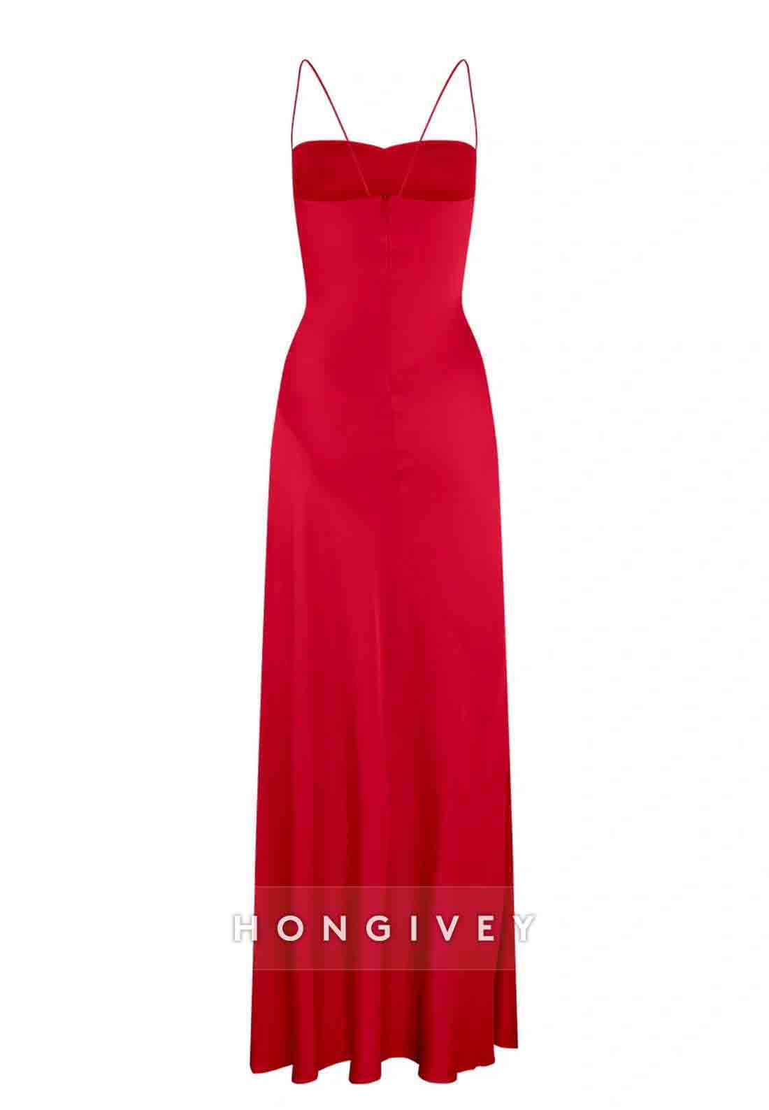 Spaghetti Straps Simple Sheath Pink Long Party Dress with High Slit