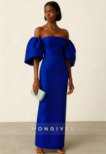 Off the Shoulder Satin Half Sleeves Column Ankle-Length Evening Gown
