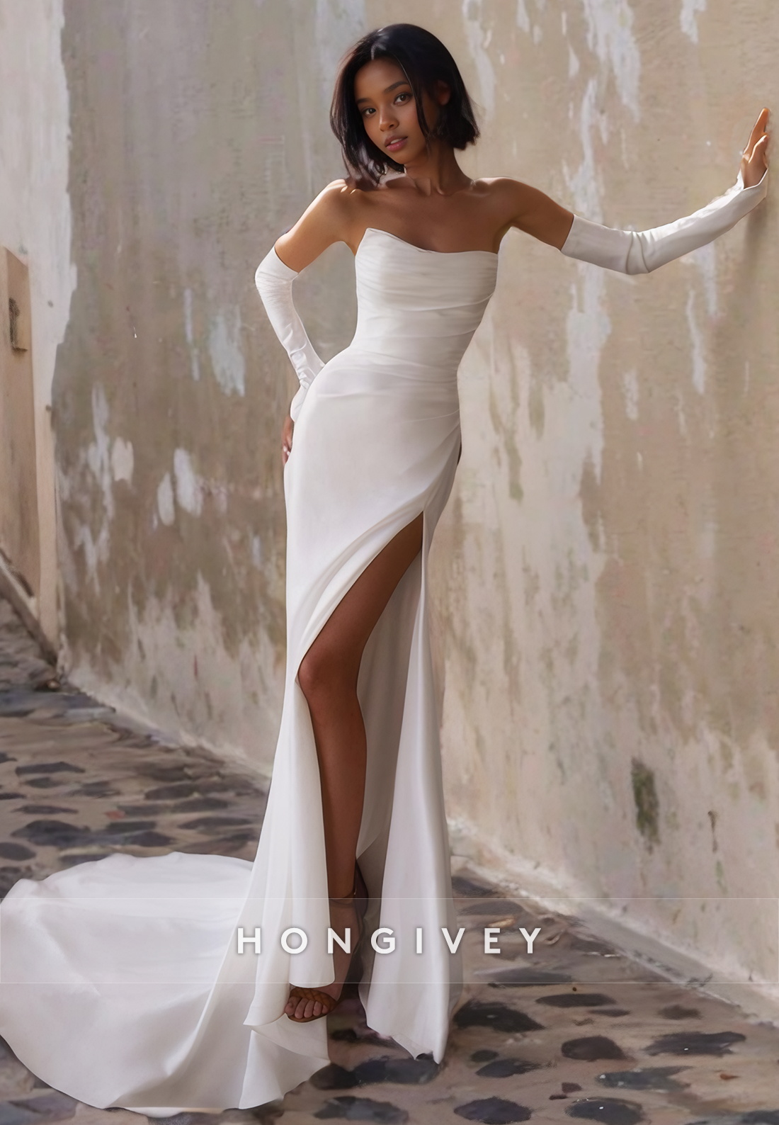 Sexy Simple Long Sleeves Strapless With Train And Slit Wedding Dress