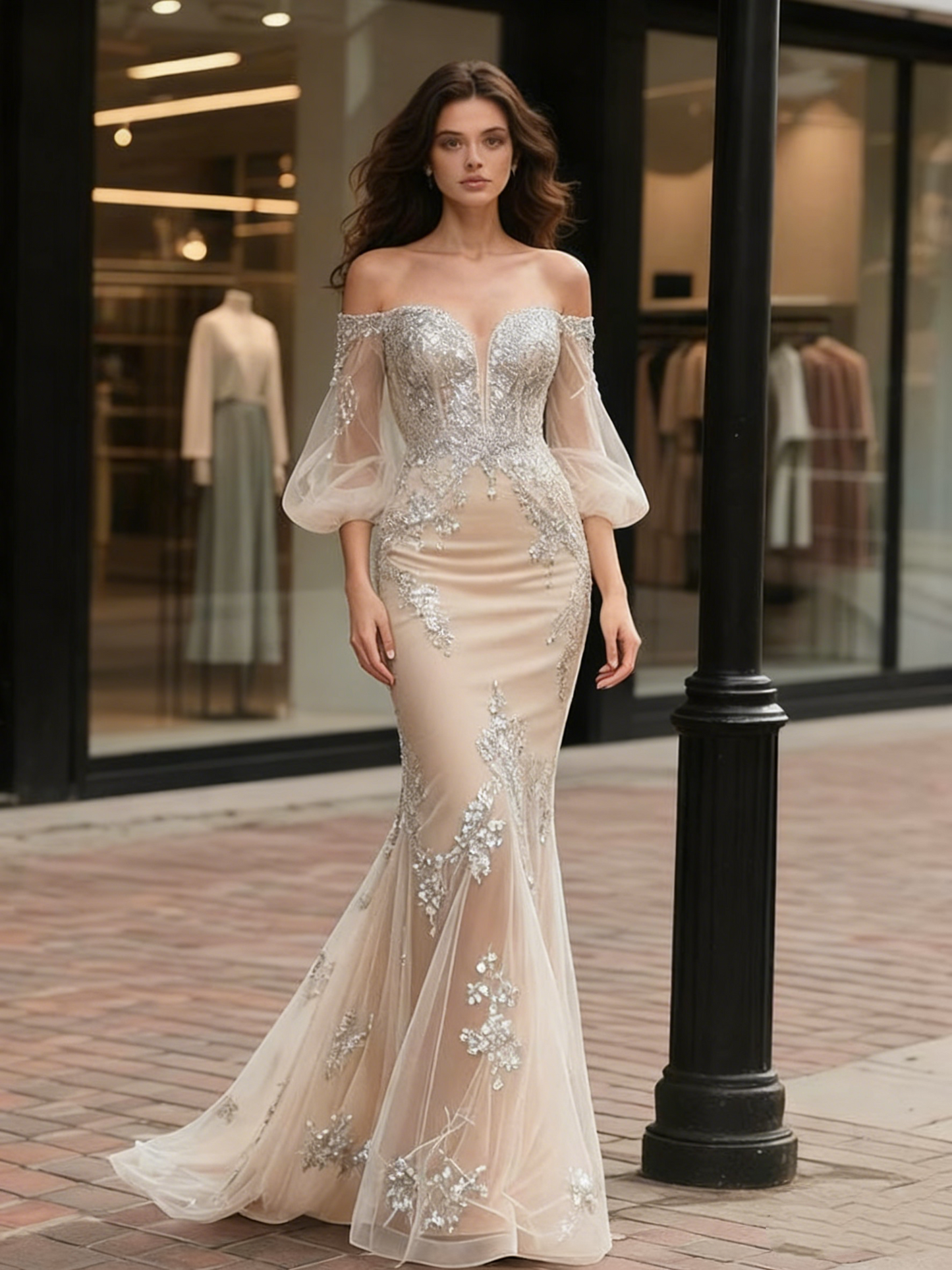 Off The Shoulder Long Sleeves Appliques Champange Wedding Dress