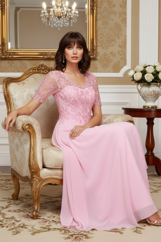 A-line/Princess V-neck short sleeved long formal mother of the bride dress