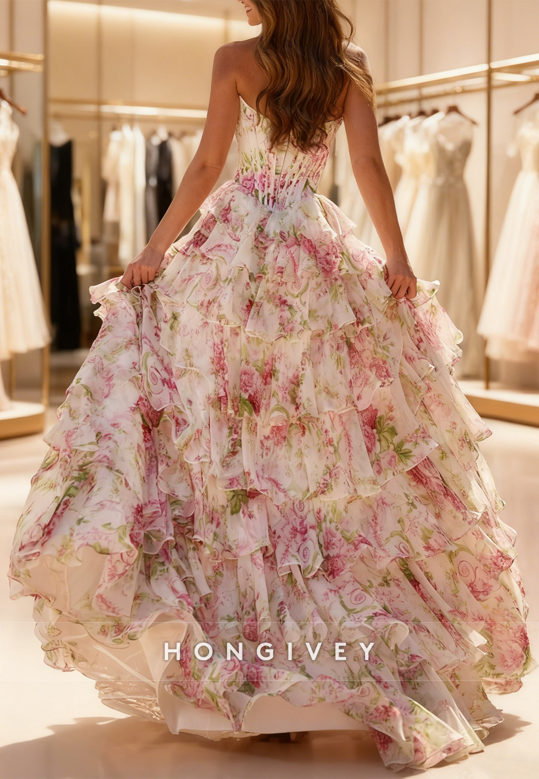 Tassel A-Line Slit Pink Floral Print Prom Dress