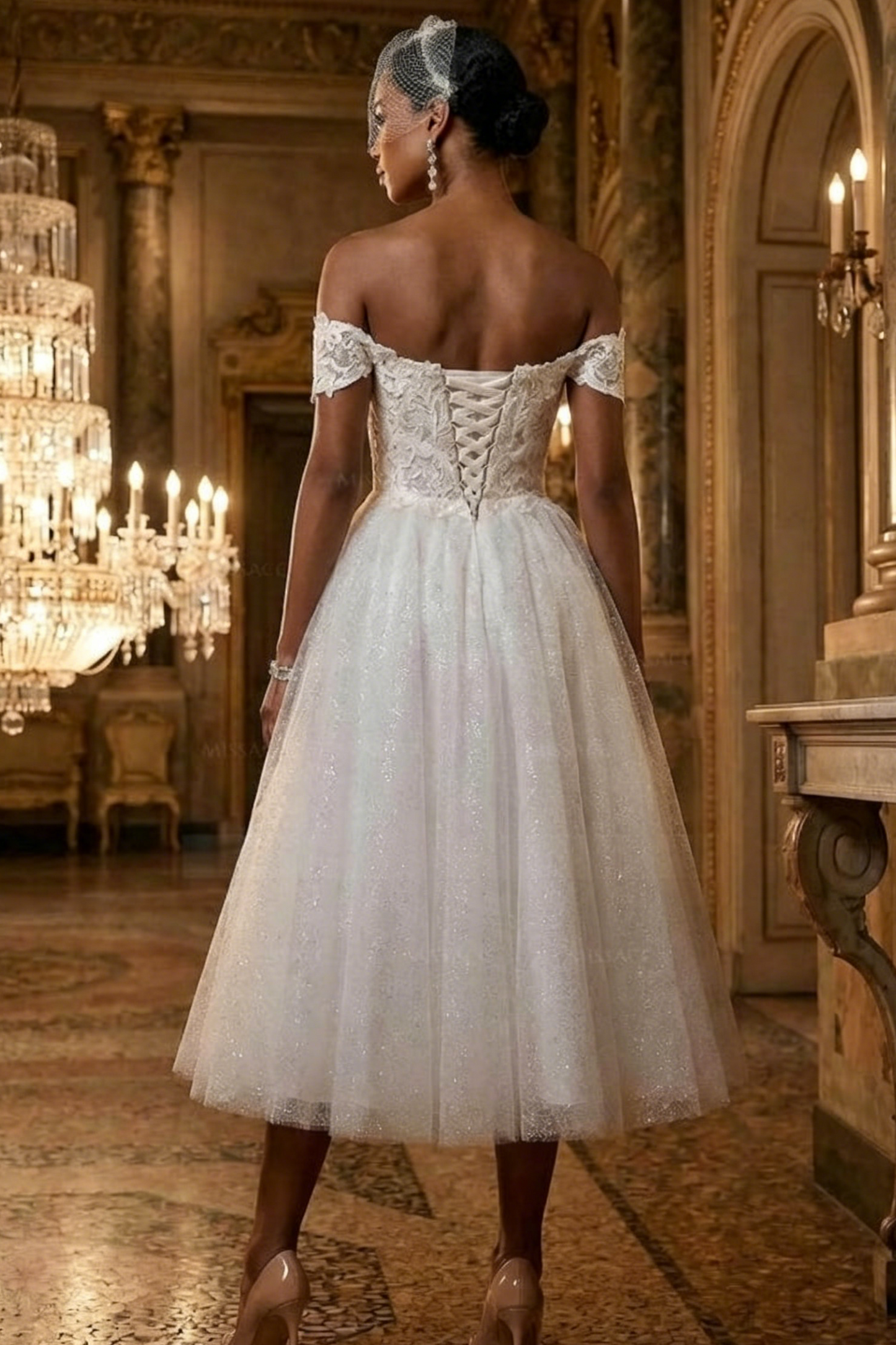 A-Line Off-The-Shoulder Sleeveless Lace Sequined Tea-Length Wedding Dress