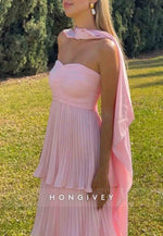 Chic Sweetheart A Line Pink Floor-Length Empire Prom Dress with Ruffles