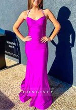 Sexy Backless Royal Blue Halter Neck Mermaid Long Satin Prom Dress