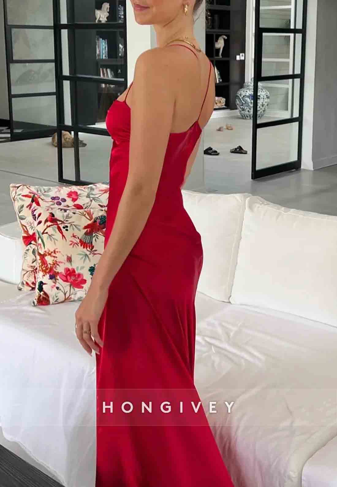 Spaghetti Straps Simple Sheath Pink Long Party Dress with High Slit