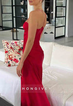 Spaghetti Straps Simple Sheath Pink Long Party Dress with High Slit