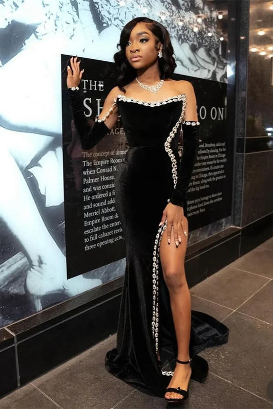 Black Velvet Mermaid Prom Dress High Slit Long With Crystal Strapless
