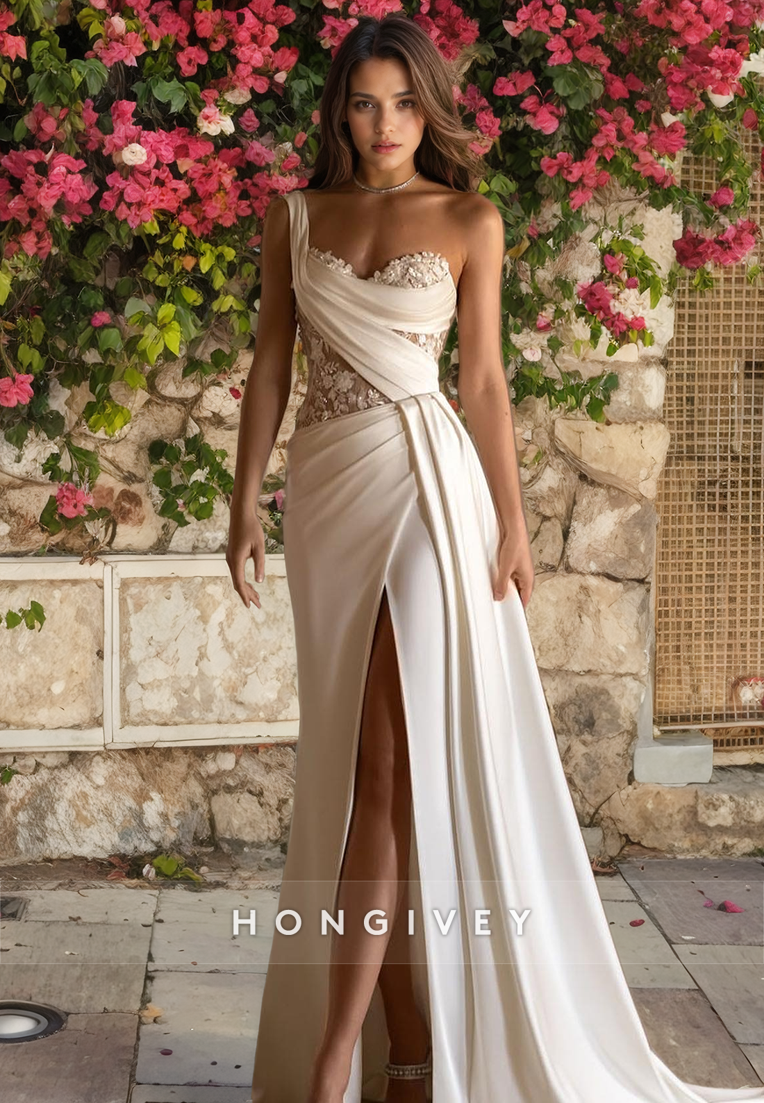 Satin Fitted One Shoulder Sleeveless Appliques With Side Slit Beach Wedding Dress