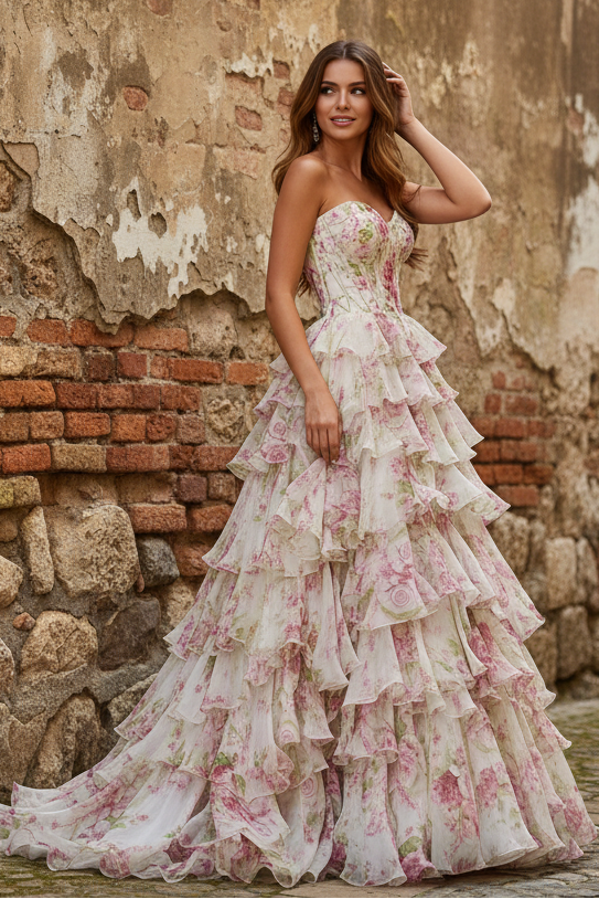 Tassel A-Line Slit Pink Floral Print Prom Dress