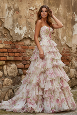 Tassel A-Line Slit Pink Floral Print Prom Dress