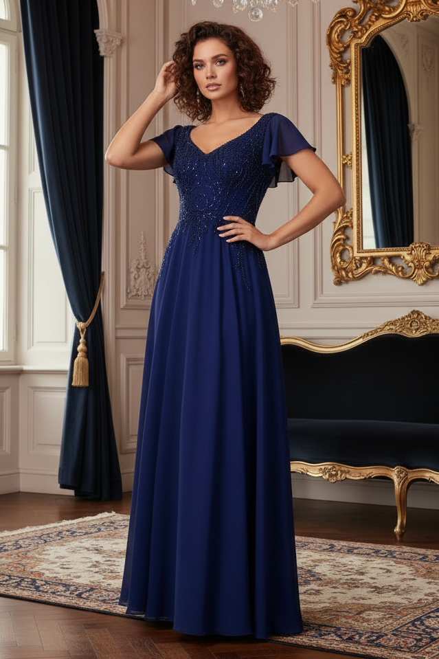 V-neck short sleeved long formal mother of the bride dress