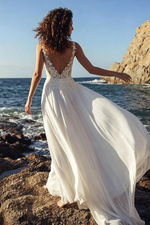 A-Line V-Neck Sleeveless Sweep Train Chiffon/Lace Wedding Dresses