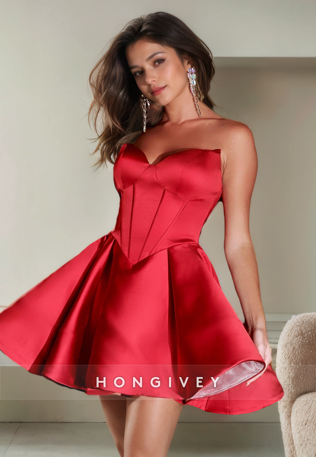 Satin A-Line V-Neck Strapless Empire Simple Short Homecoming Dress