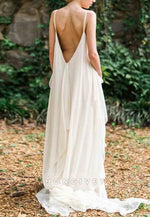Low V-Neck Spaghetti Straps Court Train A-Line Backless Wedding Dresses