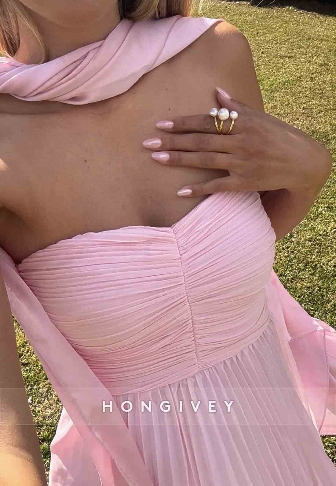 Chic Sweetheart A Line Pink Floor-Length Empire Prom Dress with Ruffles