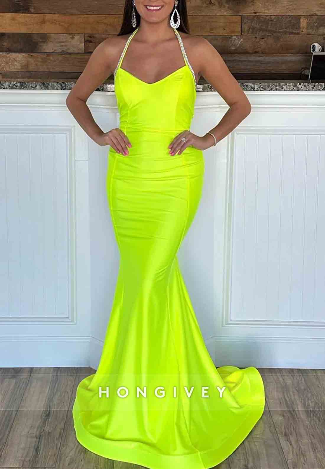 Sexy Backless Royal Blue Halter Neck Mermaid Long Satin Prom Dress