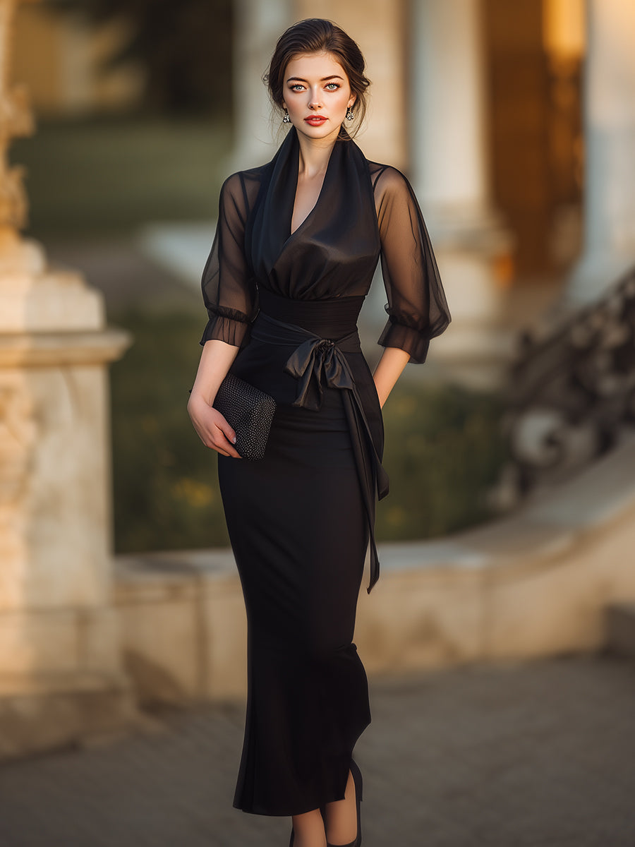 Sheer-Drape Waist-Tie Evening Dress