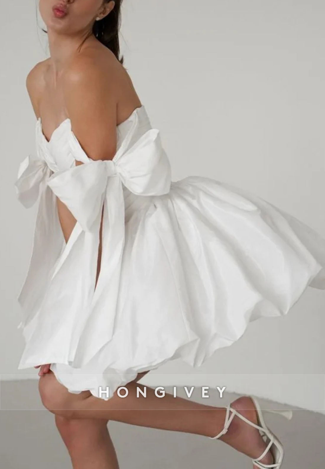 Off the Shoulder A-Line Ruched Crisscross Back Bridal Gowns with Bowknots