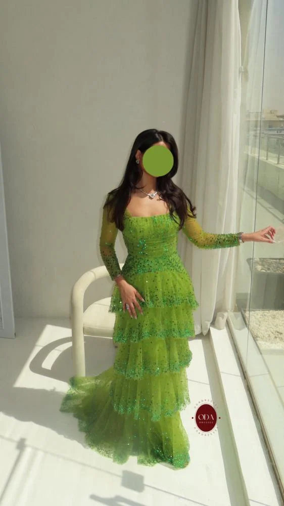 Sequins Sparkle Green Square Neck Long Sleeve A-Line Tassel Evening Dress