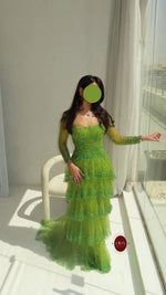 Sequins Sparkle Green Square Neck Long Sleeve A-Line Tassel Evening Dress