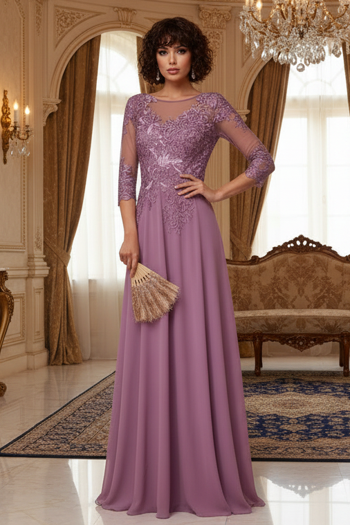 A-line/princess transparent collar 3/4 sleeve length formal mother of the bride dress