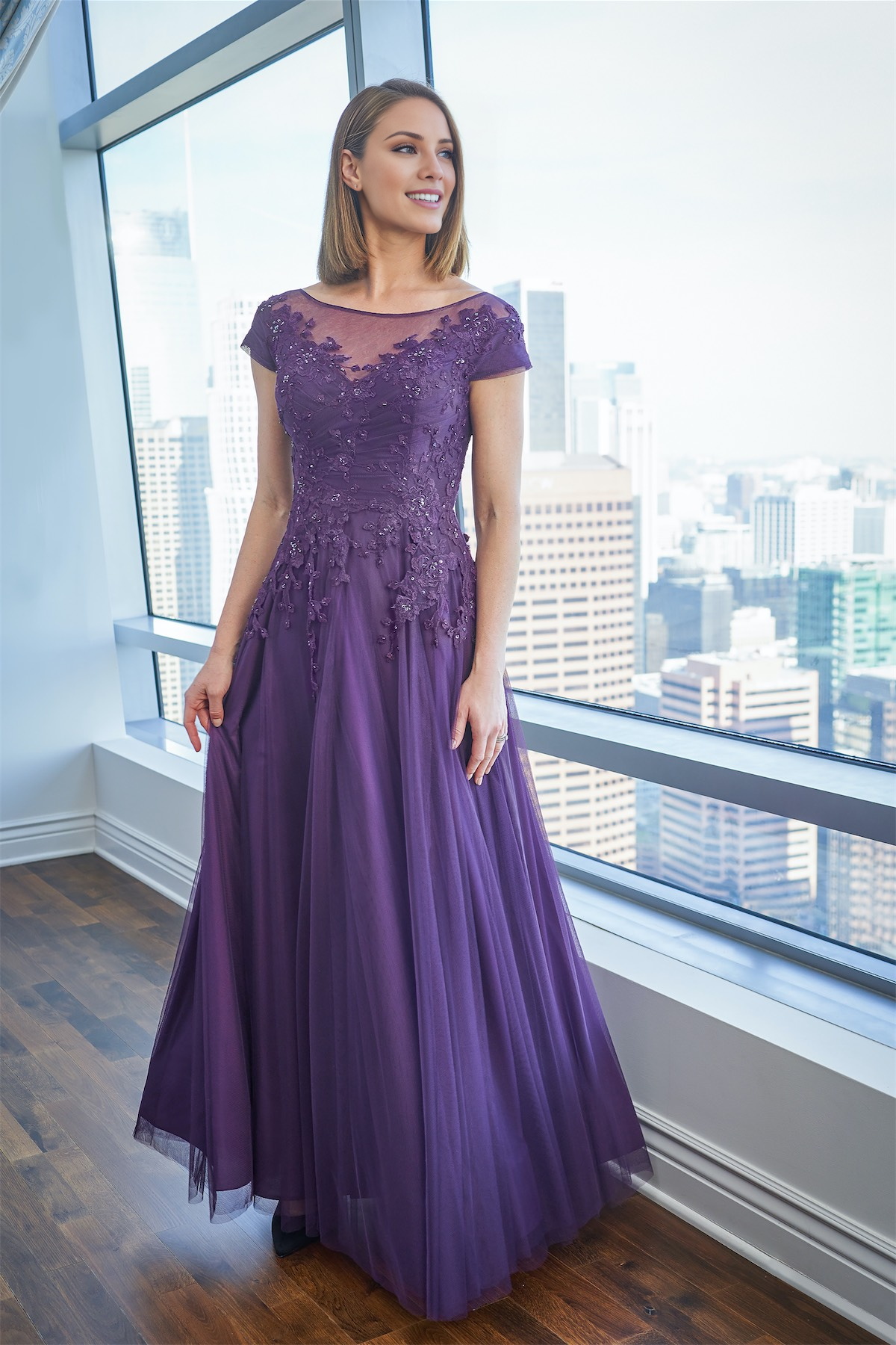 One collar A-line skirt boat collar low waist lace decal mother of bride dresses