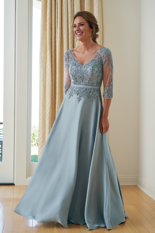 A-line V-neck satin chiffon lace and floor length mother of bride dresses