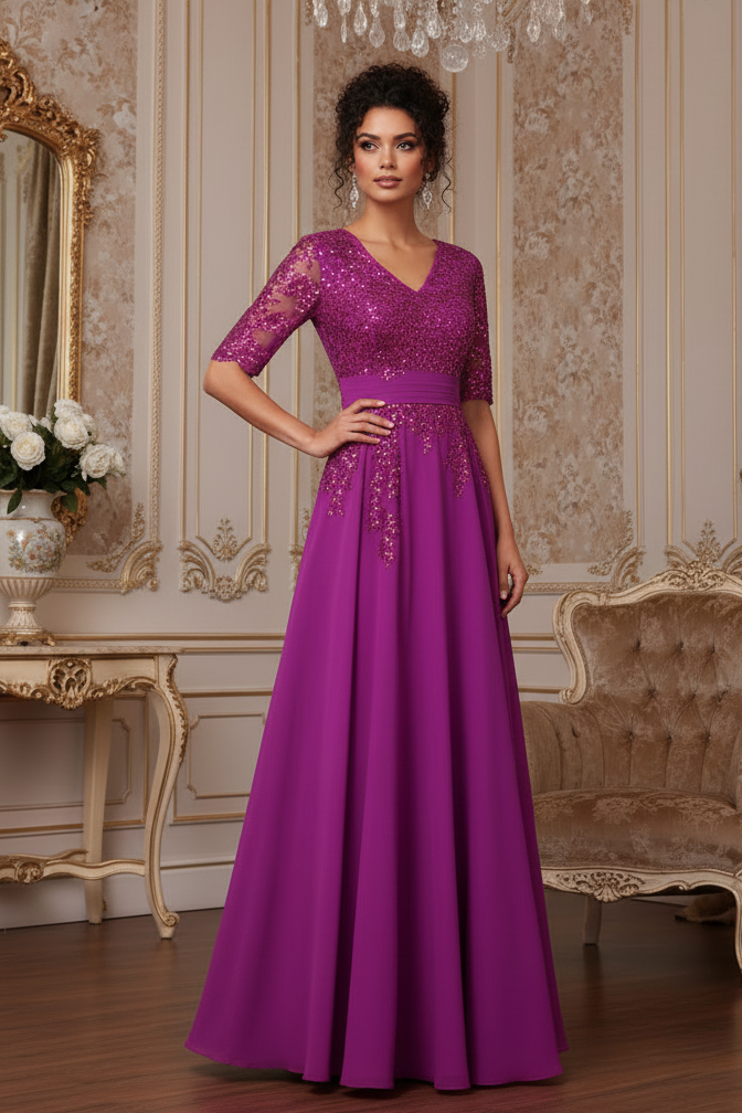 V-neck half sleeved shiny long style official mother of the bride dress