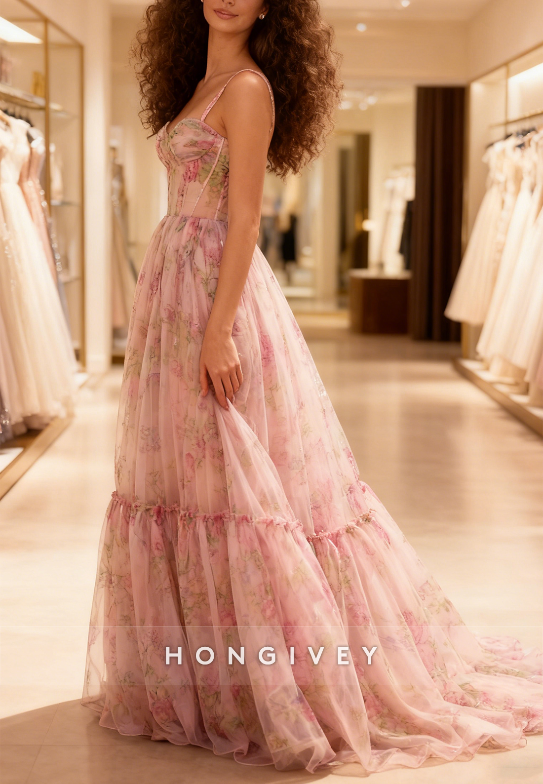 Floral Print Sleeveless Sweetheart Floor-Length A-line Prom Dresses